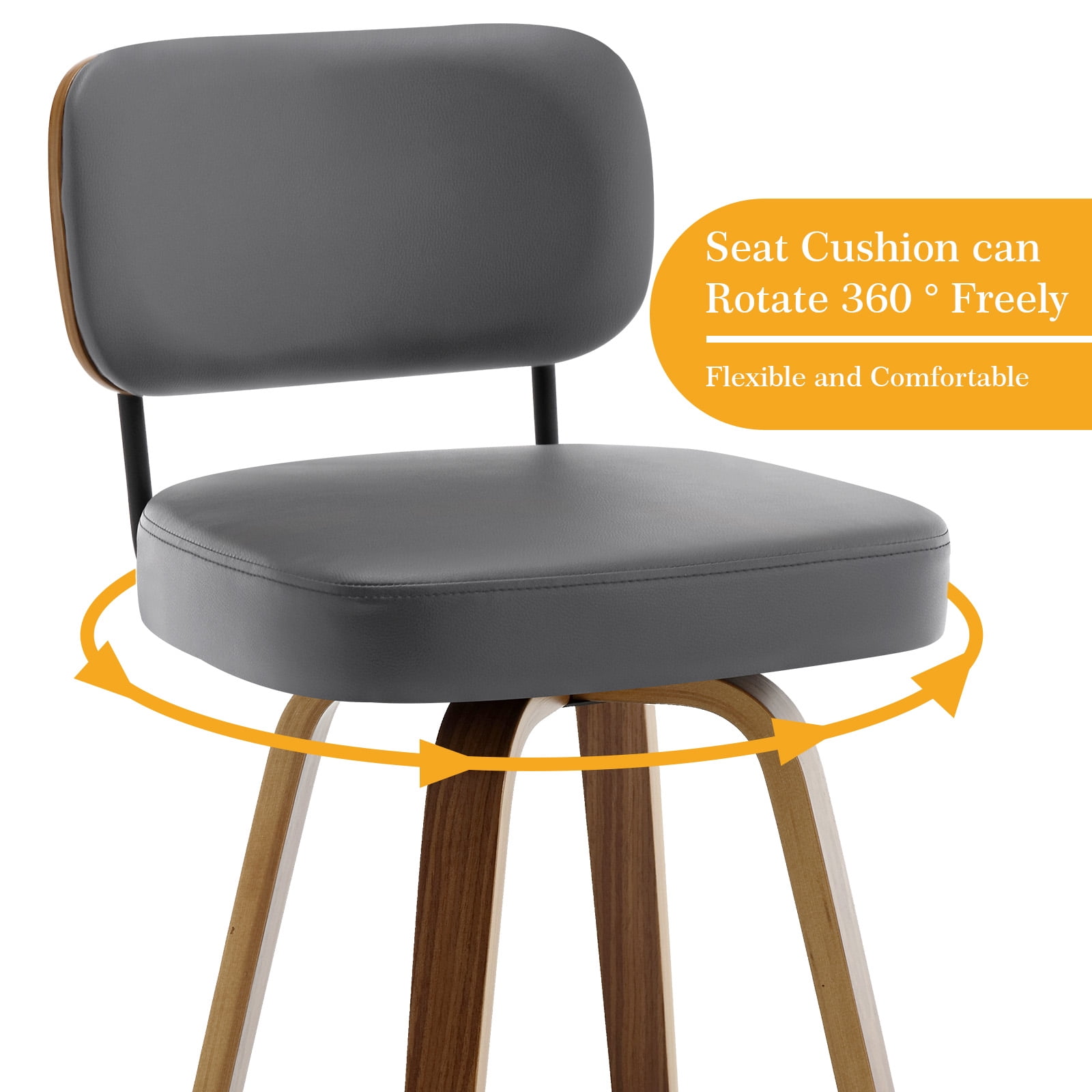 Swivel Counter Height Bar Stools, Set of 4, 29" Upholstered PU Leather Barstools with Back Wood Legs, Mid Century Modern Bar Chair Island Stool for Kitchen Counter, Gray