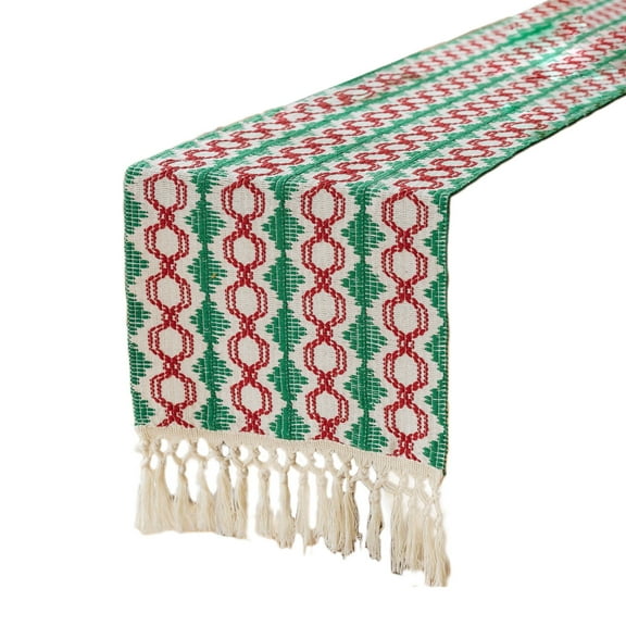 Luoshdecor Christmas Boho Table Runner,Xmas Gift with Tassels,Red Woven Striped Table Runner for Holiday Party Decoration 13.7x60 in