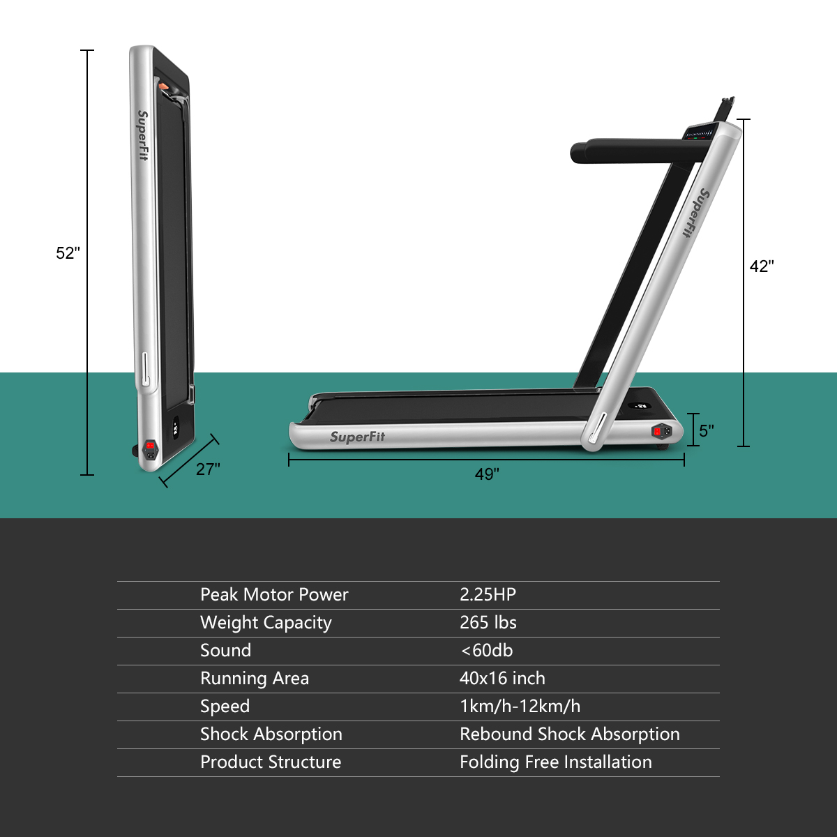 Gymax 2 in 1 Folding Treadmill 2.25HP Running Machine w/ Dual Display Silver - image 2 of 9