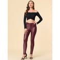 thumbnail image 3 of Pantalón de piel sintética de PU de cintura alta y flaco para mujer borgoña S, 3 of 6