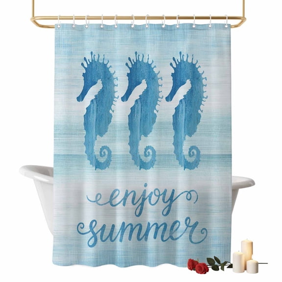 Enjoy Summer Shower Curtains for Bathroom, Coastal Watercolor Blue Seahorses Teal White Washable Fabric Shower Curtain with Hooks Waterproof Bathroom Decor Sets, 36 x 78 Inches