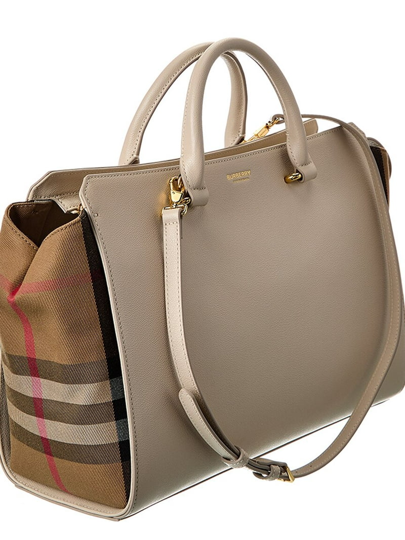 Burberry Banwell Medium Leather & Check Canvas Satchel, Grey