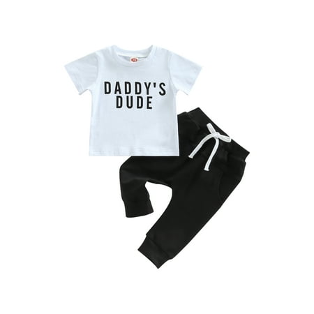 

Frobukio Toddler Baby Boys 2Pcs Fall Outfits Short Sleeve Letter Print T-Shirt Long Pants with Pocket Clothes Sets Black 0-6 Months