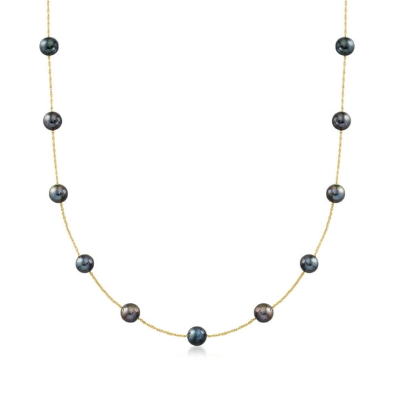 Ross-Simons 6-6.5mm Black Cultured Pearl Station Necklace in 14kt Yellow Gold, Women's, Adult