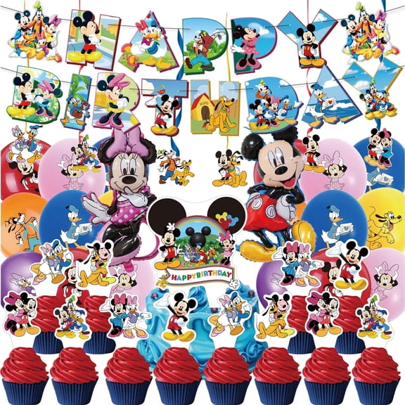 40 Pcs For Mickey Theme For Mouse Clubhouse Birthday Party Decoration Set,Includes Happy Birthday Banner,13 Cupcake Toppers,2 Foil Ballons,and 6 Spiral ornament,and 18 Balloons for Party Supplies