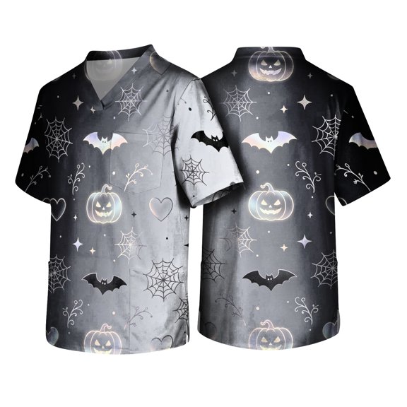 Domuza Mens Spooky Halloween Graphic Scrub Tee Witch Castle Pattern Casual Short Sleeve V Neck Shirts Stylish Comfy Funny Medical Top with 3 Pocket Purple 2XL