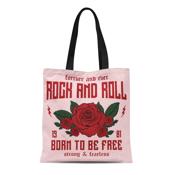 LADDKE Canvas Tote Bag Rock and Roll Slogan Forever Ever Patch Rose Leaves Durable Reusable Shopping Shoulder Grocery Bag