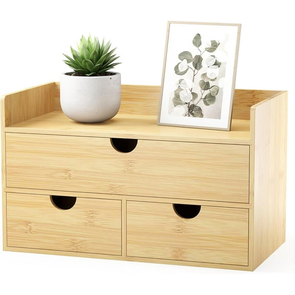 Bamboo Desk Organizer with Drawers Small Desktop Drawers for Countertop Mini Tabletop Storage Container with Drawer for Home Office No Assembly Required