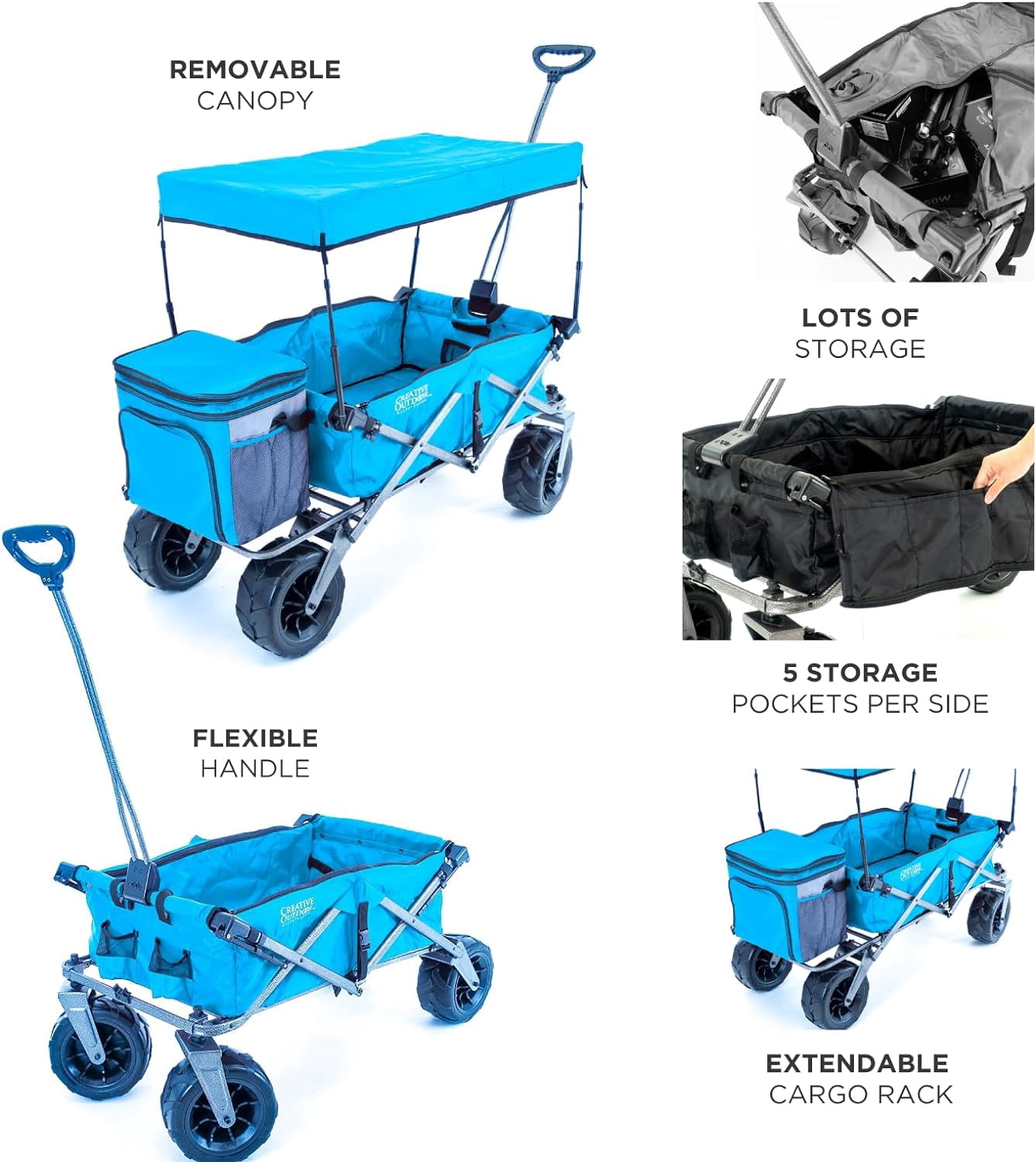 Creative Outdoor Foldable Wagon with Canopy and All Terrain Wheels, 150lbs Weight Capacity, Blue