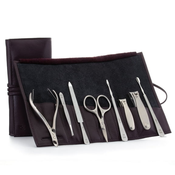 GERMANIKURE 8pc Manicure & Pedicure Set in Dark Purple Leather Case - Made in Germany, FINOX Stainless Steel Tools – Professional Cuticle and Nail Care Kit