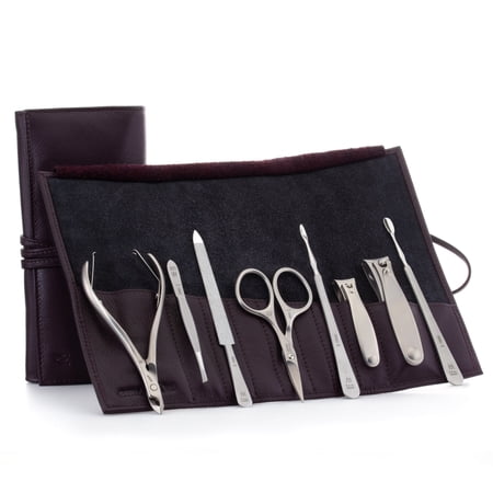 GERMANIKURE 8pc Manicure & Pedicure Set in Dark Purple Leather Case - Made in Germany FINOX Stainless Steel Tools - Professional Cuticle and Nail Care Kit