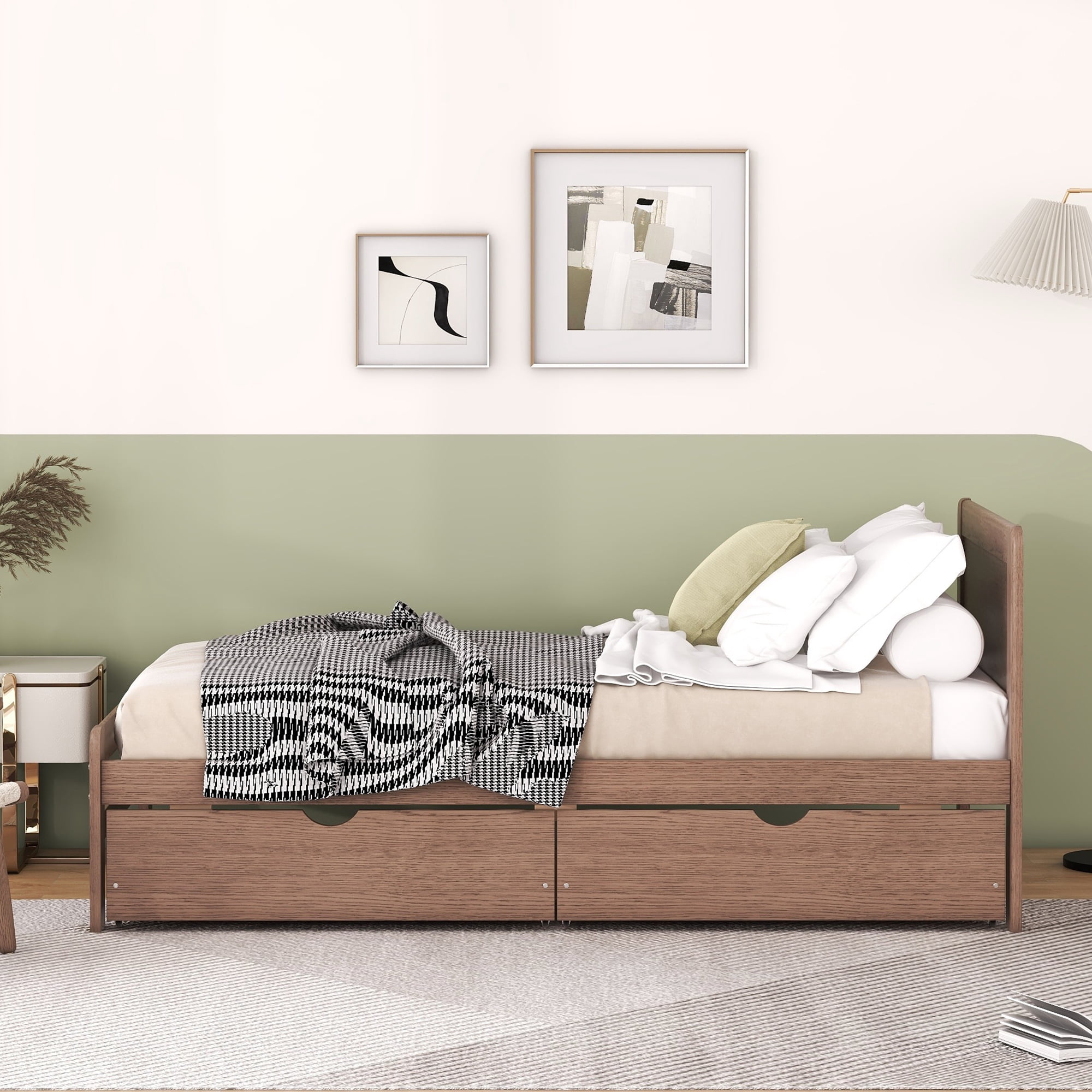Aukfa Platform Bed with 2 Storage Drawers, Twin Bed Frame with Headboard for Kids, Wood - Walnut