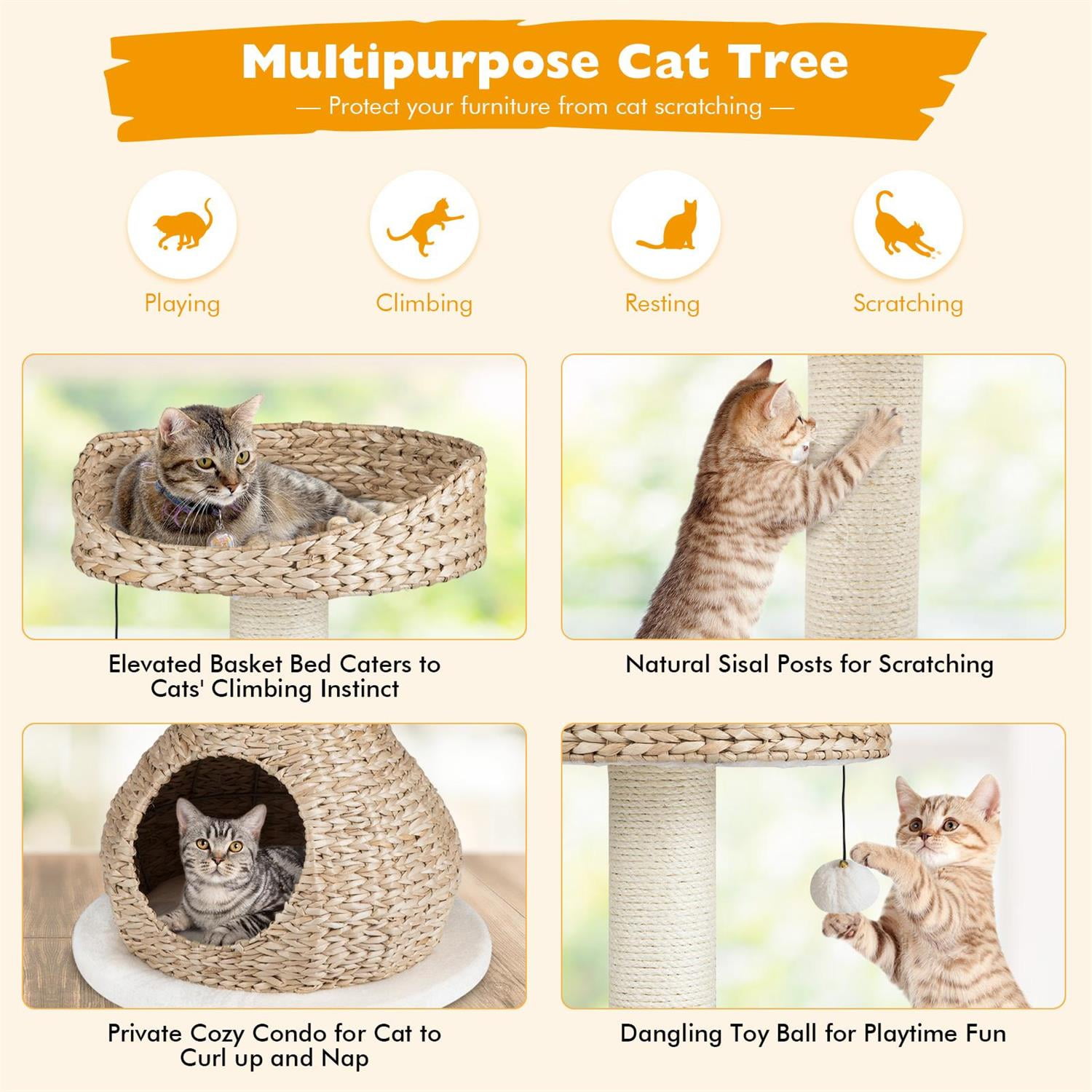 Pefilos 28" Hand-Made Cat Tree, Jump Platform & Sisal Scratching Post, Cat House & Rattan Weave, White