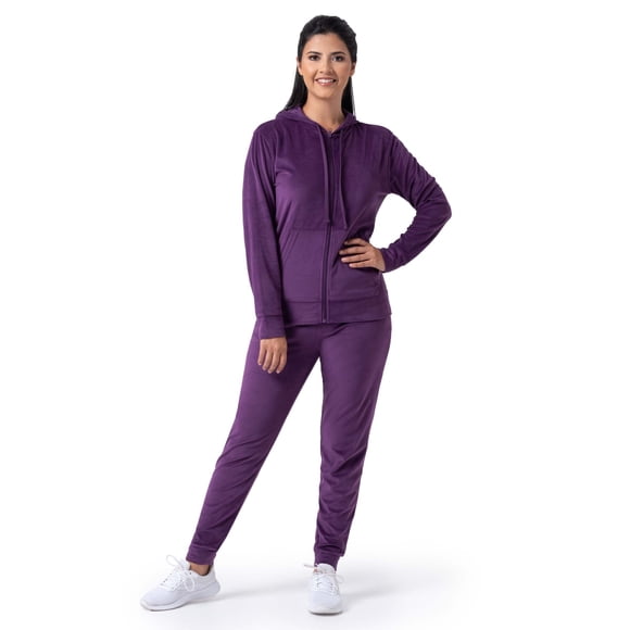 Conjunto Deportivo de Terciopelo para Mujer Wright's 2 Piezas con Sudadera con Capucha y Cierre Morado Talla 1X