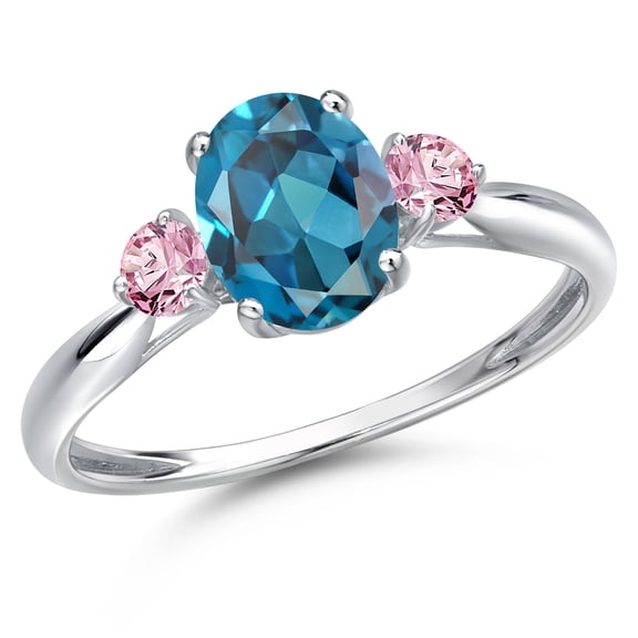 Gem Stone King 10K White Gold London Blue Topaz and Pink Lab Grown Diamond 3-Stone Ring for Women | 1.76 Cttw | Oval 8X6MM | Gemstone November Birthstone | Size 8