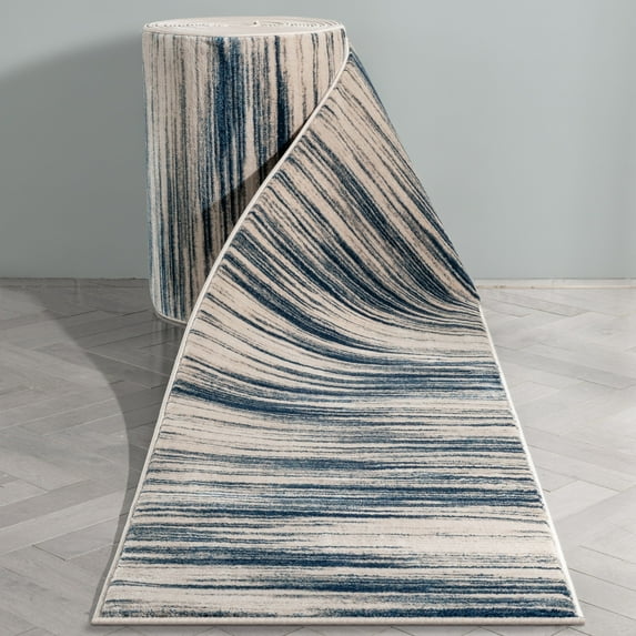 Well Woven Custom Size Runner - Choose Your Length - Sevvina Blue & Ivory Zig-Zag Stripes Distressed 31 Inches Wide x 13 Feet Long Runner (31" x 13' Runner) Rug