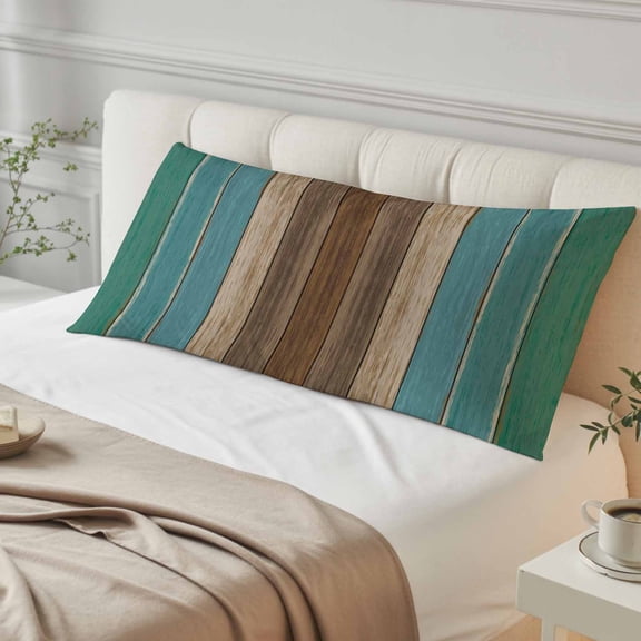 Teal Blue Brown Body Pillow Cover, Pillowcase Protectors with Zipper, Breathable Decorative Throw Pillow Case Cover, Farmhouse Retro Wooden Grain Stripes Pillow Shams for Couch Sofa 20x54Inch
