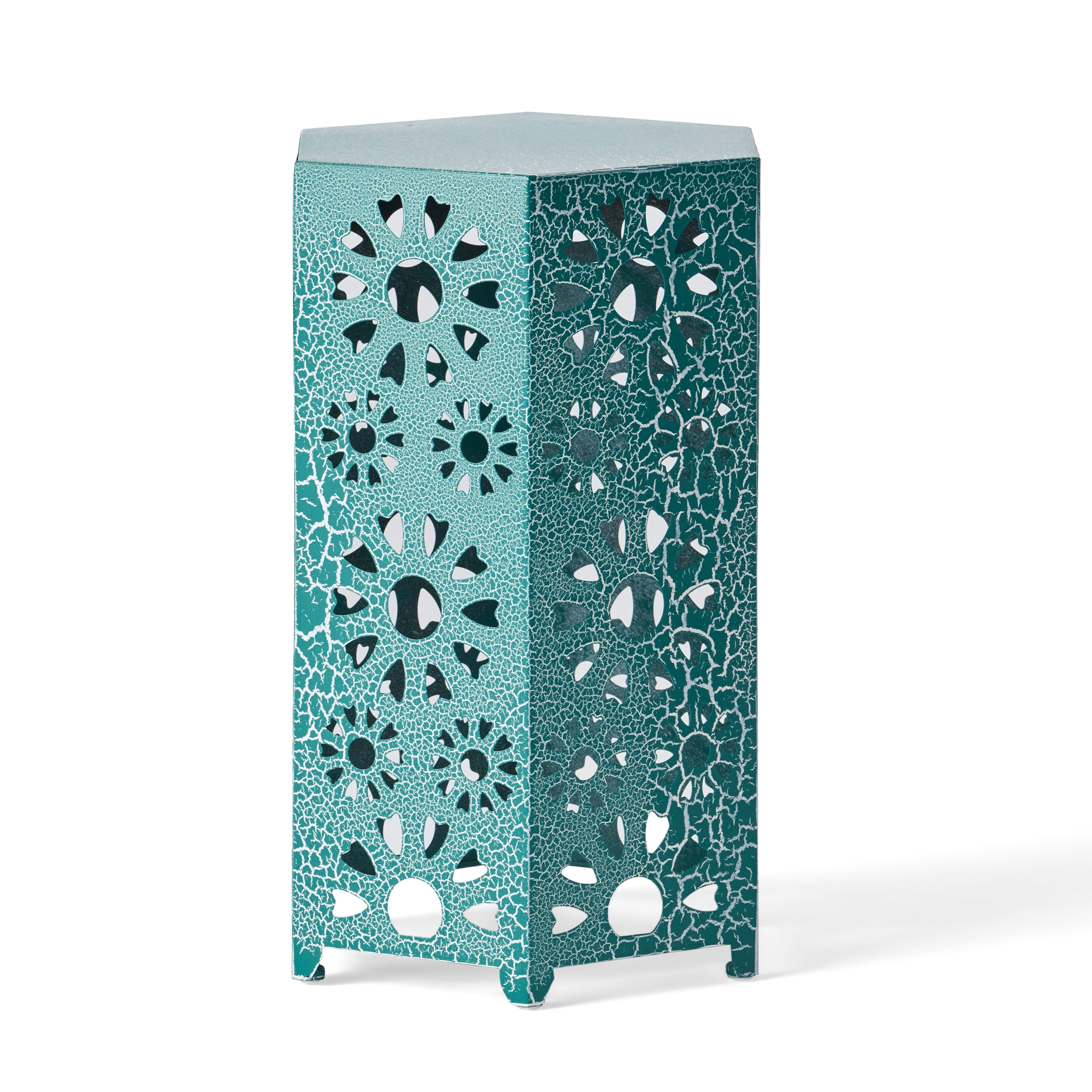 Outdoor Sunburst Hollow Out Side Table 14 Inch, Decor Metal End Table for Patio Garden, Crackle Teal