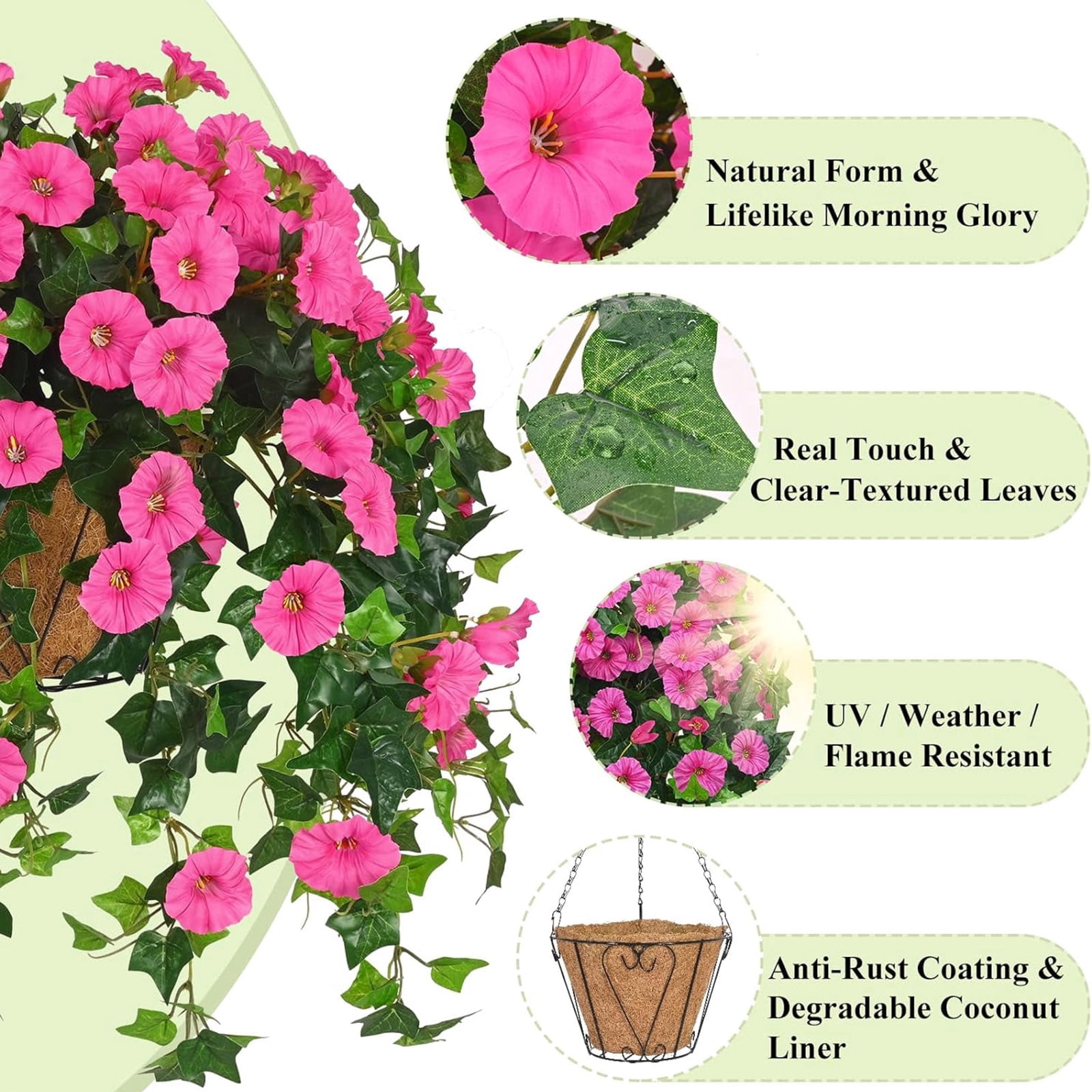 Dwellin Artificial Hanging Fake Flowers with Baskets Plants for Outdoor Decoration Faux Silk Floral Decorations for Spring Planters Home Porch Patio Garden Decor(Pink)