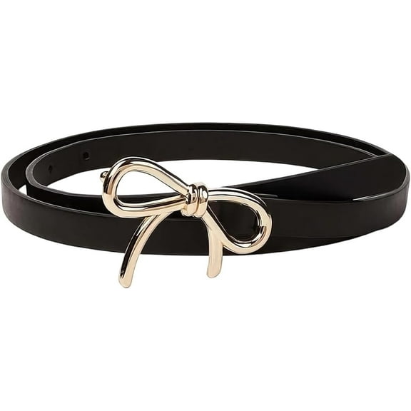 0.5 Inch Width Thin Black PU Leather Belt for Women Adjustable Skinny Waist Belt with Gold Alloy Bowknot Buckle Elegantes Slim Leather Waist Strap Band for Ladies Dresses Jeans Pants