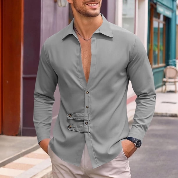 Ceisia Men's Relaxed Fit Stretch Long Sleeve Turndown Collar Shirt with Asymmetric Placket Gray L Gifts