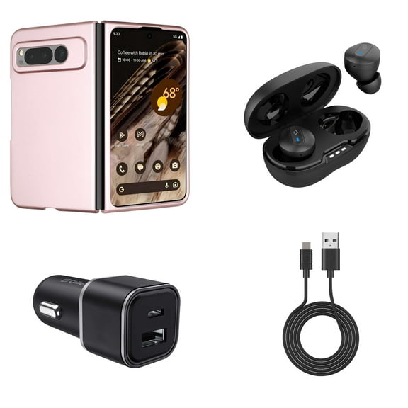 Premium Accessories for Google Pixel Fold - Snap-On Slim Protective Matte Finish Cover Phone Case (Rose Gold), Wireless Earbuds, 30W Dual (USB-C, USB-A) Car Charger, Type-C to USB Cable