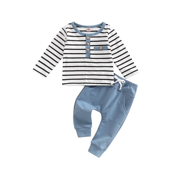 Canrulo Toddler Baby Boys Fall Winter Outfits Long Sleeve Striped T-Shirt Tops Solid Drawstring Pants Infant 2Pcs Clothes Blue 12-18 Months