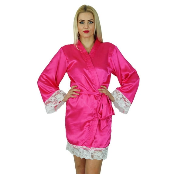 Bimba Women Kimono Sleeve Satin Short Robe Bride Bridesmaid Lace Robes Coverup