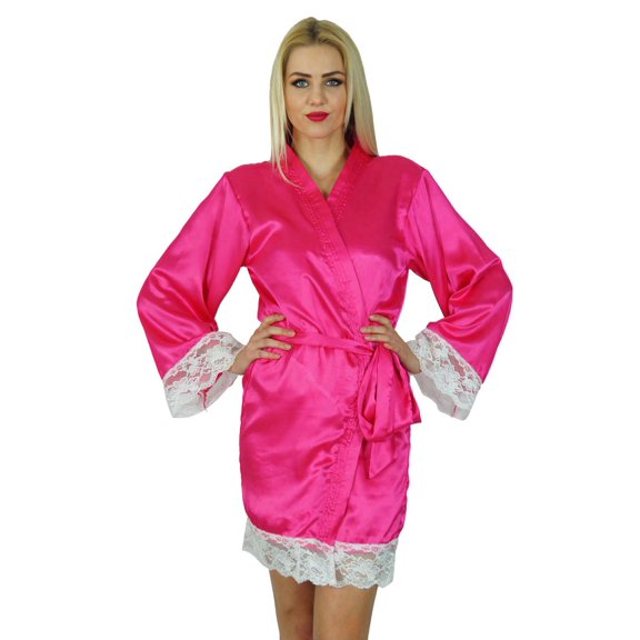 Bimba Women Kimono Sleeve Satin Short Robe Getting Ready Bride Bridesmaid Lace Robes Coverup