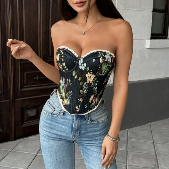 2025 Street Retro Flower Printed Chest Wrapping Lace Strap French Niche Fishbone Tank Top for Young Women