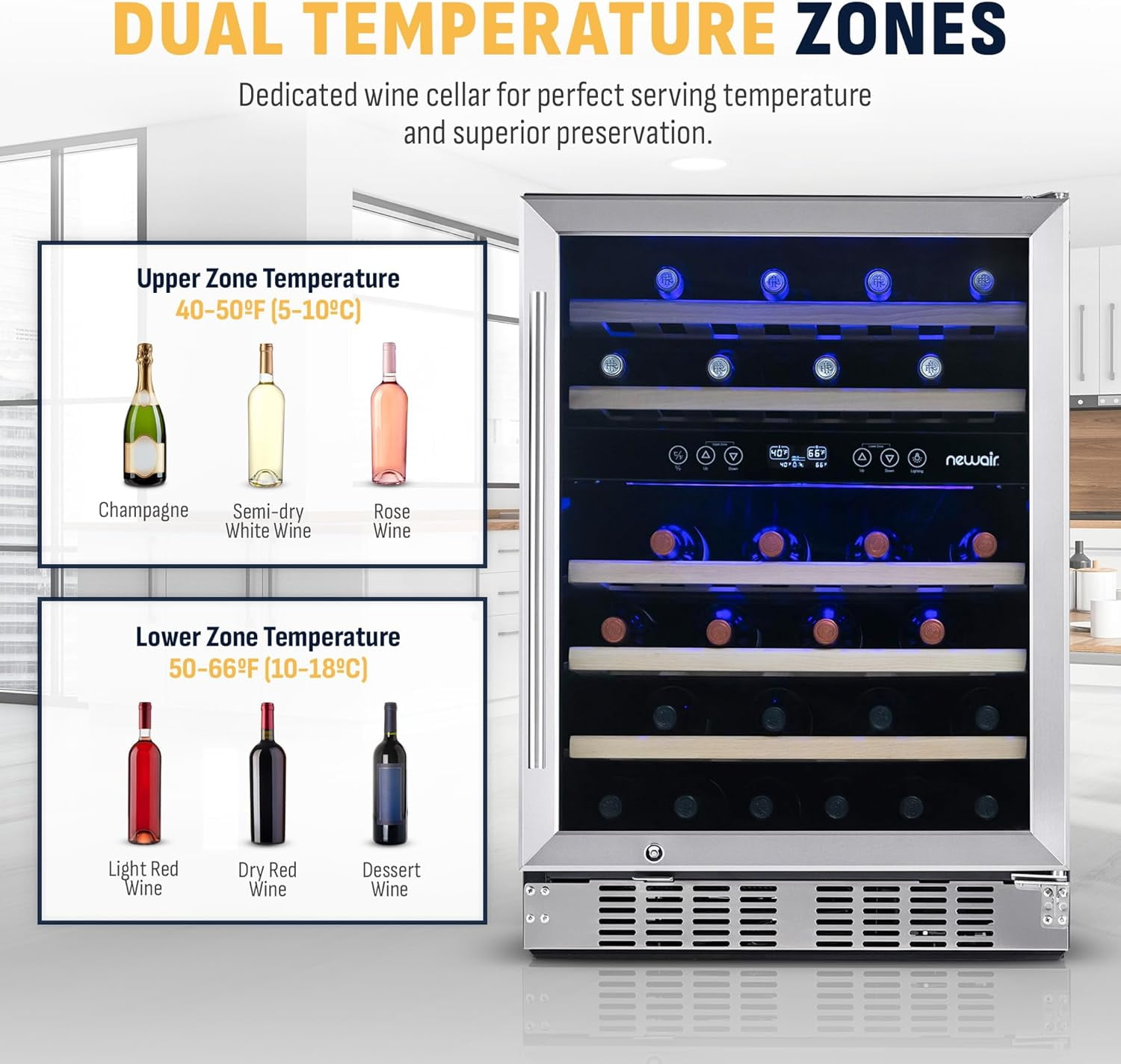 Restored Newair 24 inch 46 Bottle Wine Cooler Refrigerator, Built-in Recessed Kickplate, Dual Zone Wine Fridge in Stainless Steel (Refurbished)