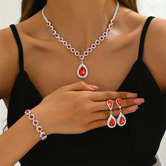 4PCS Full Diamond Flower Jewelry Set Women Necklace Bracelet Water Drop Crystal Studs Earrings for Wedding Dress Bridal Jewelry