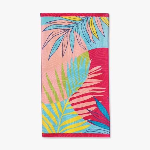 Oversized Printed Palm Coral 100% Cotton Velour Beach Towel, 38” X 72"