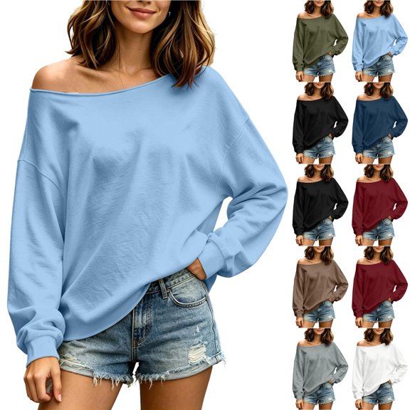 Otntypg Womens Off the Shoulder Tops Lightweight Oversized Pullover Sweatshirts Trendy Fall Long Sleeve Y2k Loose Fit Cozy Tunic Shirts