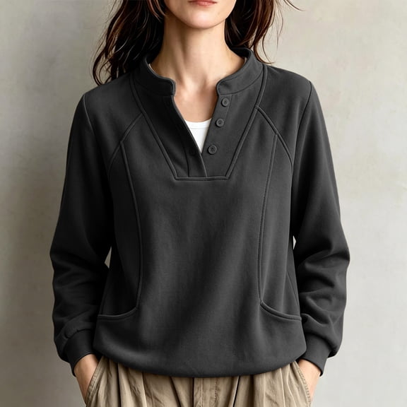 Trikvn Women's Henley Shirts Long Sleeve Button Up Pullover Sweatshirts Mock Neck Casual Fall Tops with Pockets Slouchy Cozy Vintage Winter Fashion Clothes