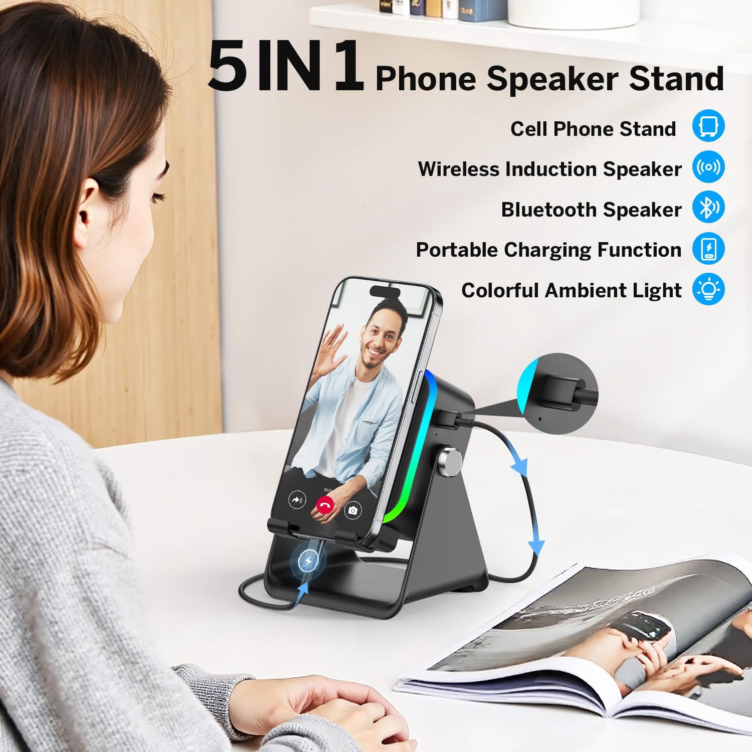 Wireless Induction Bluetooth Speaker 5-in-1 with Phone Stand, 360° Adjustable Holder, RGB Light, Rechargeable, for iPhone Android iPad, Black