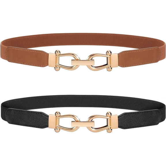 Women Elastic Skinny Waist Belt, Retro Stretchy Belt with Gold Buckle for Dresses Pants