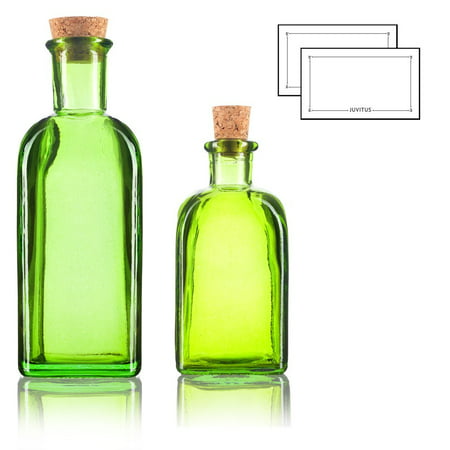 Green Spanish Thick Recycled Glass Bottle with Natural Cork Top Set - 2 Pack - 8 oz and 17 oz