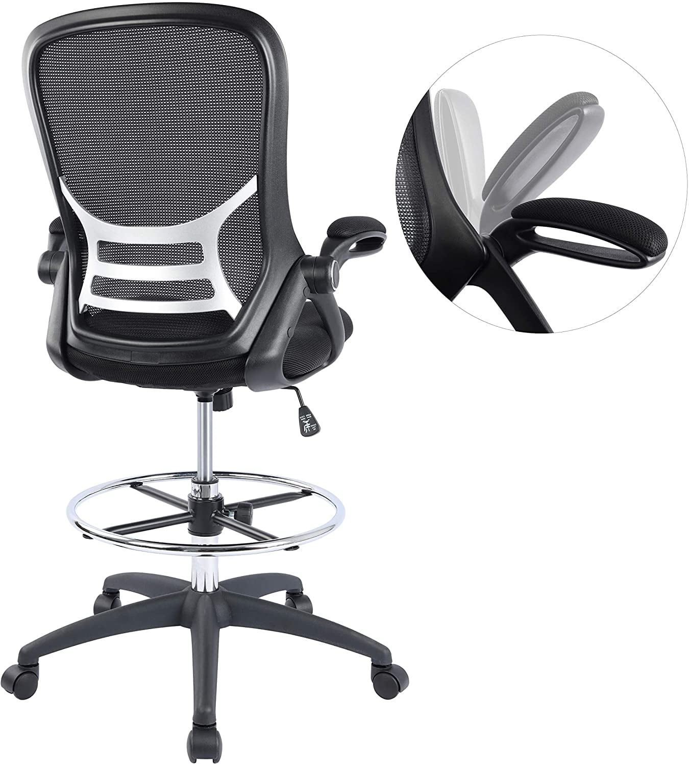 Drafting Chair Tall Office Chair Mid-Back Mesh Ergonomic Computer Chair High Adjustable Standing Desk Chair with Lumbar Support Adjustable Foot Ring and Flip-Up Arms,Black