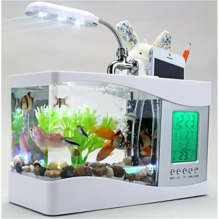 USB Desktop Mini Fish Tank Aquarium LCD Timer Clock LED Decoration 