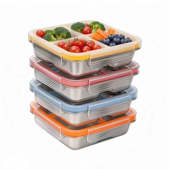 Liwantech 4 Pack Stainless Steel Bento Box, 4 Compartment Leakproof Lunch Containers for Work & Travel, Multi Color Set