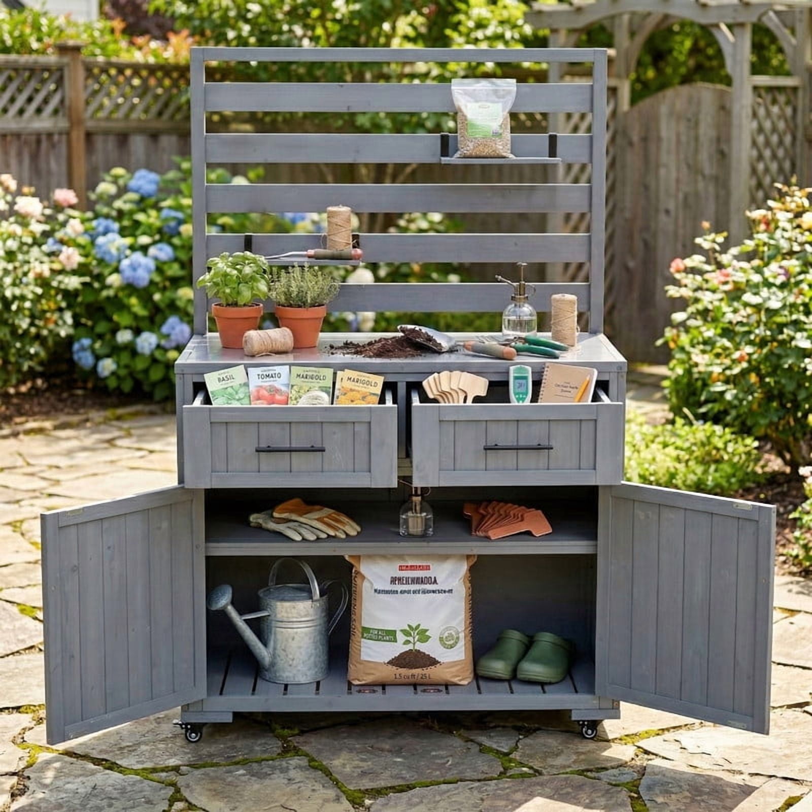 64.9''H Patio Rolling Kitchen Island Grill Table, Garden Potting Bench Cabinet with Stainless Table Top, Movable Shelves & Drawers