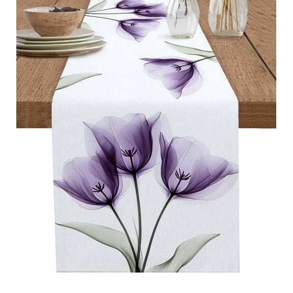 Table Runner Dresser Scarf 13 x 70 Inch Retro Spring Purple Tulip Flower Leaf Floral Table Runners Non-Slip Heat Kitchen Dining Table Decor for Indoor Outdoor Home Party Decoration
