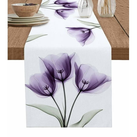 

Table Runner Dresser Scarf 13 x 70 Inch Retro Spring Purple Tulip Flower Leaf Floral Table Runners Non-Slip Heat Kitchen Dining Table Decor for Indoor Outdoor Home Party Decoration