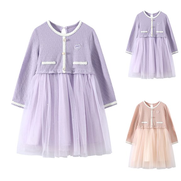 Antinious Girls Frock Dress Girls Princess Dress Long Sleeve Round Neck French Tweed Style Puff Princess Dress,Toddler Girls Winter Outer Dress,Kids Party Dress,Pink,130