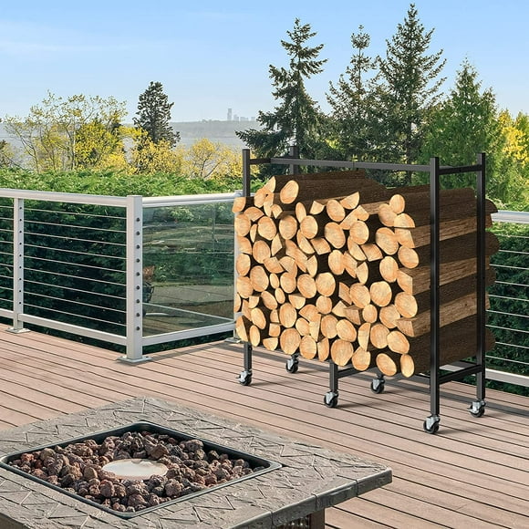 2.7ft Heavy Duty Steel Logs Stand Firewood Rack Outdoor Log Holder With Wheels
