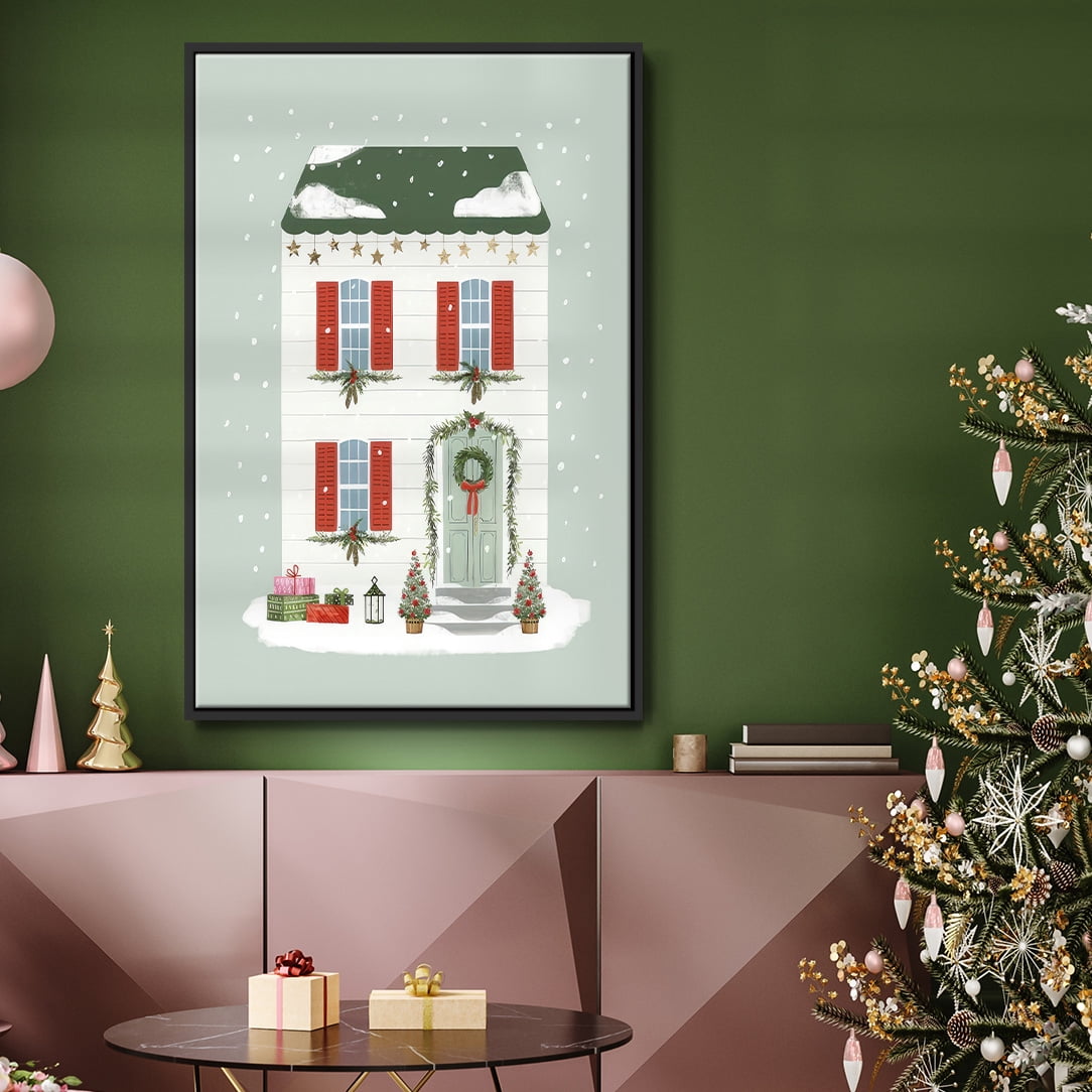 Festive Front Door IV - Framed Gallery Wrapped Holiday Canvas - 17 x 25 - Black Frame