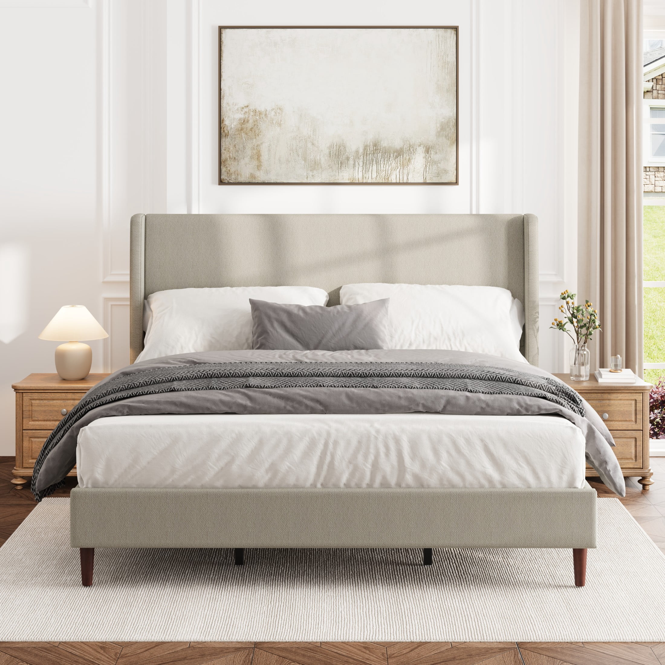 GDF Studio King Size Linen Upholstered Bed with High Headboard & Wood Slat Support, Beige