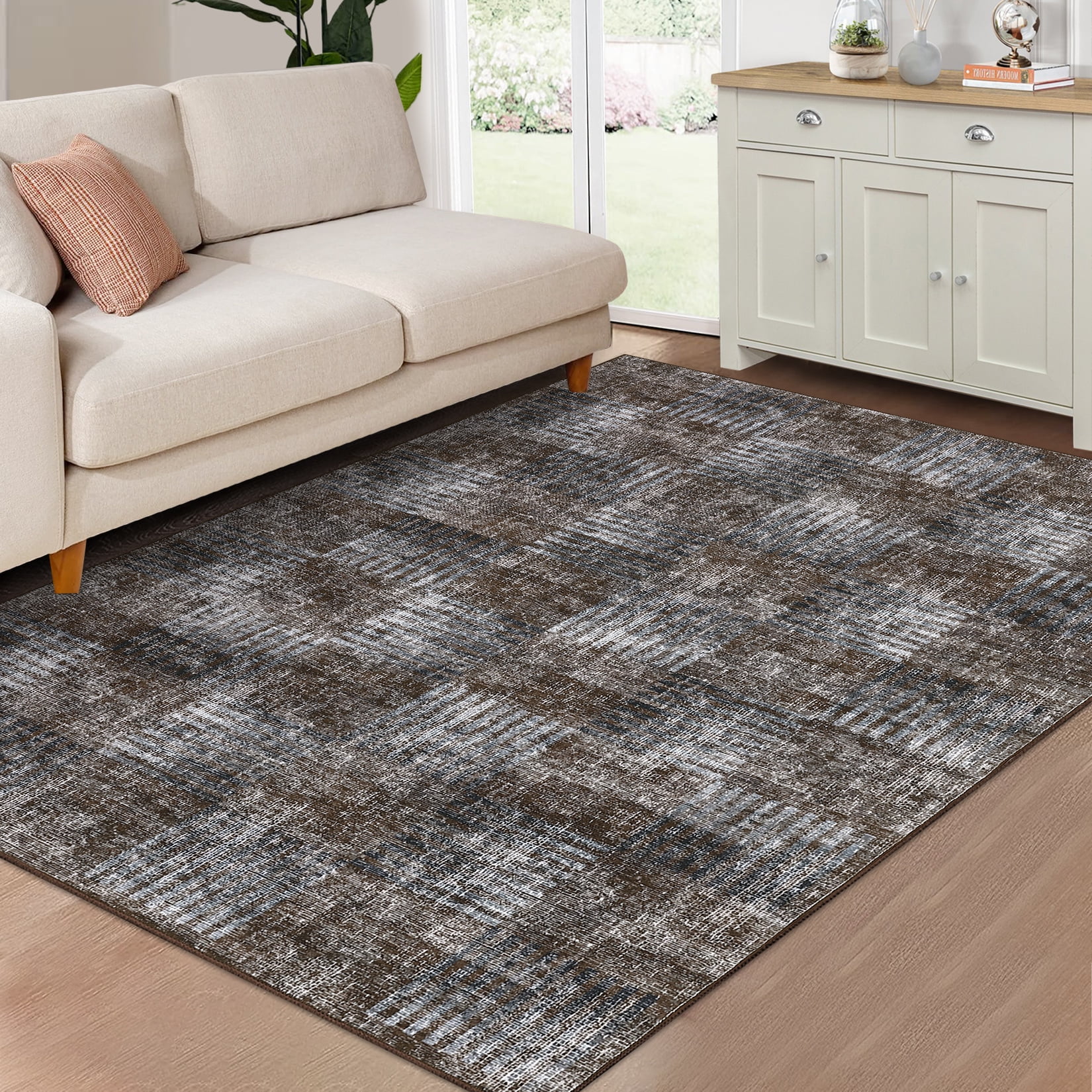 Garvee 8x10 Area Rug Modern Plaid Checkered Rug, Washable Rugs Soft Neutral Indoor Carpet Solid Rug Non Slip Low Pile Rug for Living Room Bedroom Dining Room Office, Brown