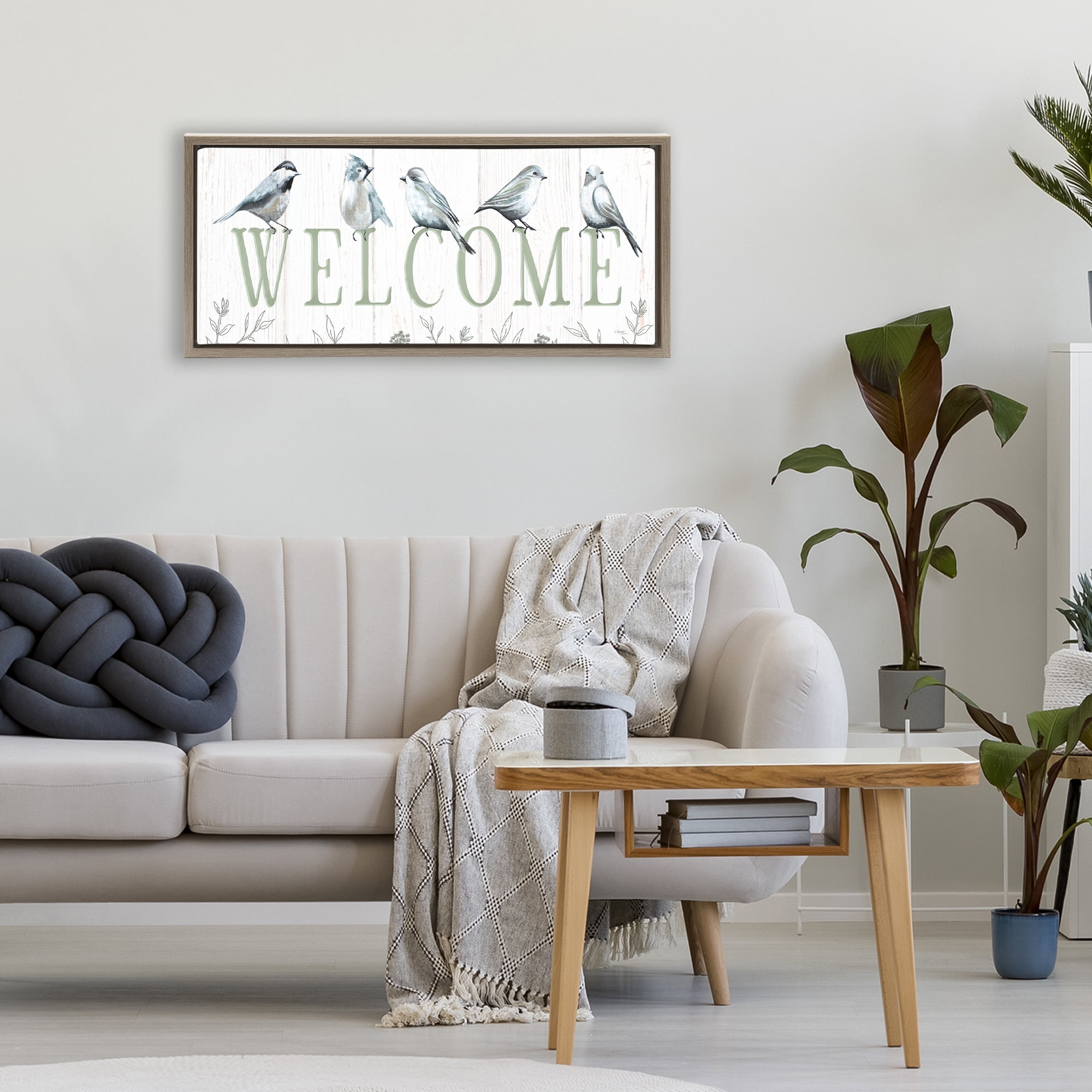 Stupell Industries Delicate Welcome Birds Brown Framed Floater Canvas Wall Art, design by Elizabeth Tyndall